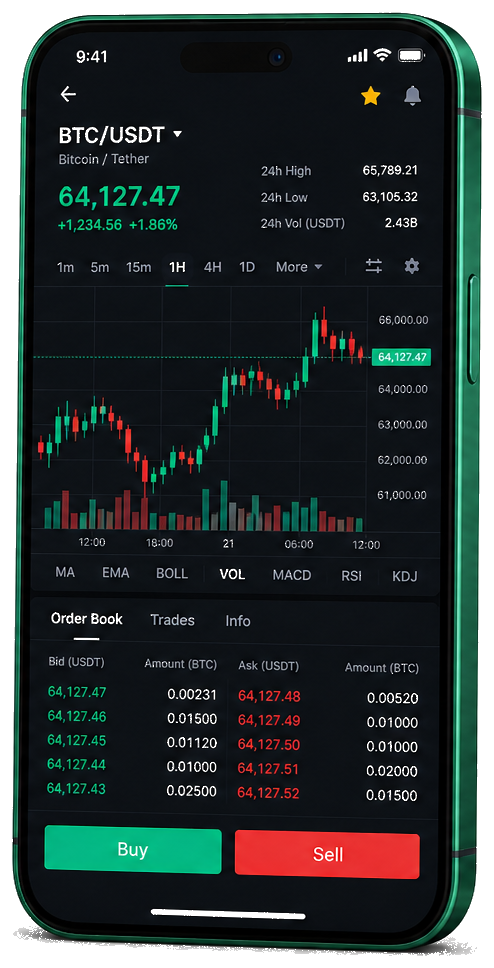 Interface mobile de trading Optinova — cours BTC/USDT en direct, carnet d’ordres et outils de gestion des ordres